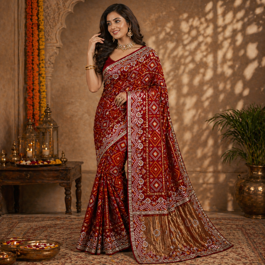 Maroon Red Pure Gaji Silk Bandhani Ghatchola Saree with Heavy Gotapatti Work