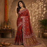 Maroon Red Pure Gaji Silk Bandhani Ghatchola Saree with Heavy Gotapatti Work