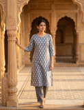 Grey Colour Small Buti Print Top and Bottom Cotton Combo Set 2.5 Mtr Each