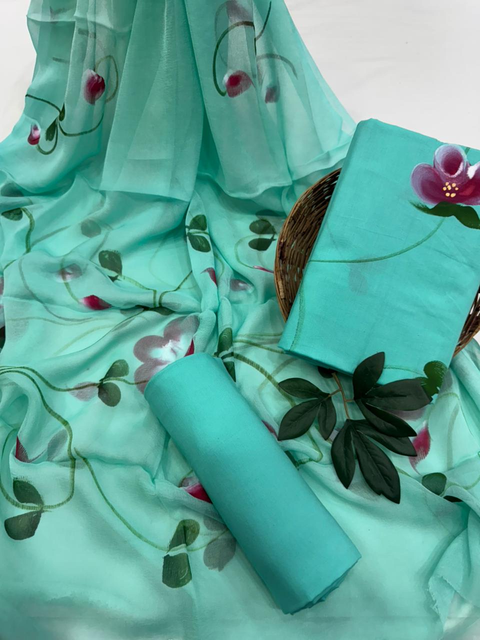 Sea Green Hand Painted Cotton Suit With Hand Painted Chiffon Dupatta