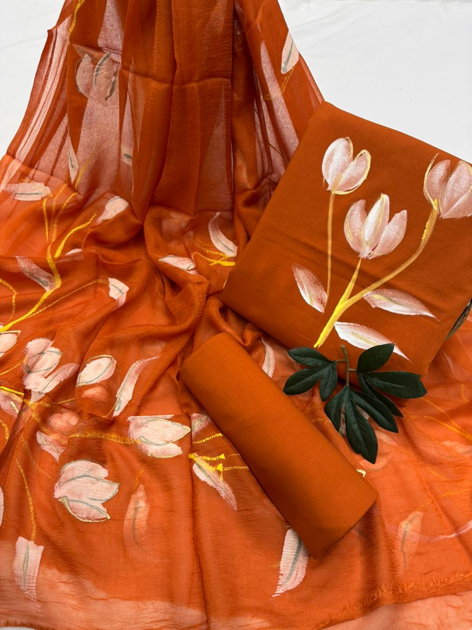 Rust Hand Painted Cotton Suit With Hand Painted Chiffon Dupatta