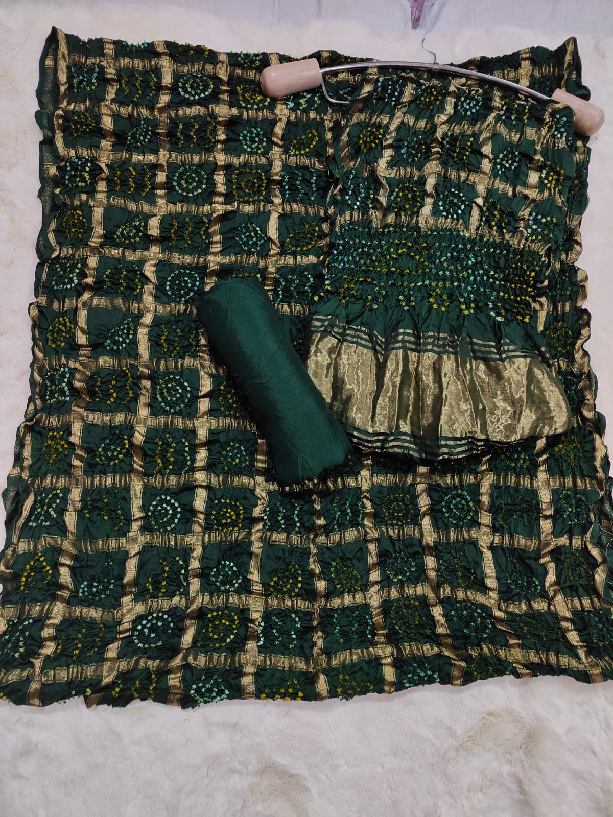 GREEN BANDHANI GHARCHOLE CHECKS PURE GAJJI SILK FABRIC SUITS WITH HEAVY ZARI RICH HAND PALLU DUPATTA