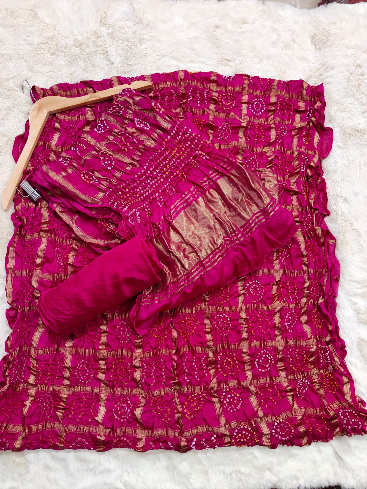 PINK/RANI BANDHANI GHARCHOLA CHECKS PURE GAJJI SILK FABRIC SUITS WITH HEAVY ZARI RICH HAND PALLU DUPATTA