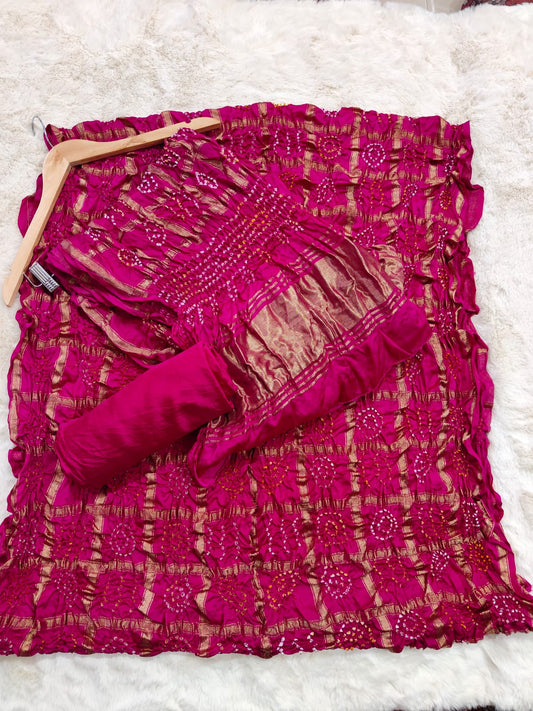 PINK/RANI BANDHANI GHARCHOLA CHECKS PURE GAJJI SILK FABRIC SUITS WITH HEAVY ZARI RICH HAND PALLU DUPATTA