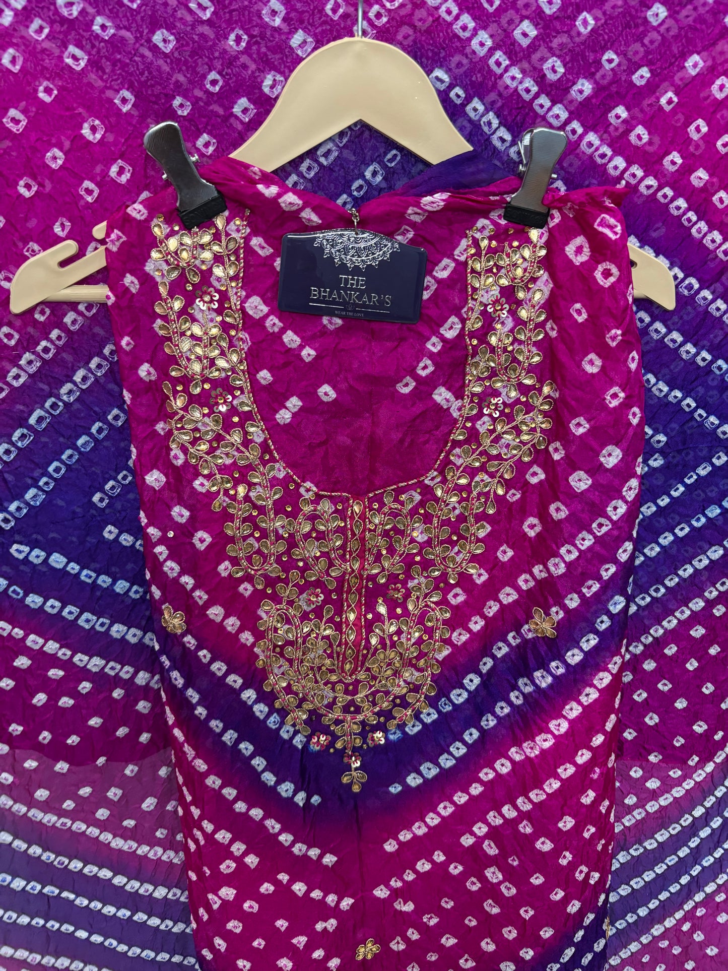 BANDHANI HEAVY SILK FABRIC SUITS WITH BEAUTIFUL HAND GOTAPATTI WORK DUPATTA DOUBLE SHADED