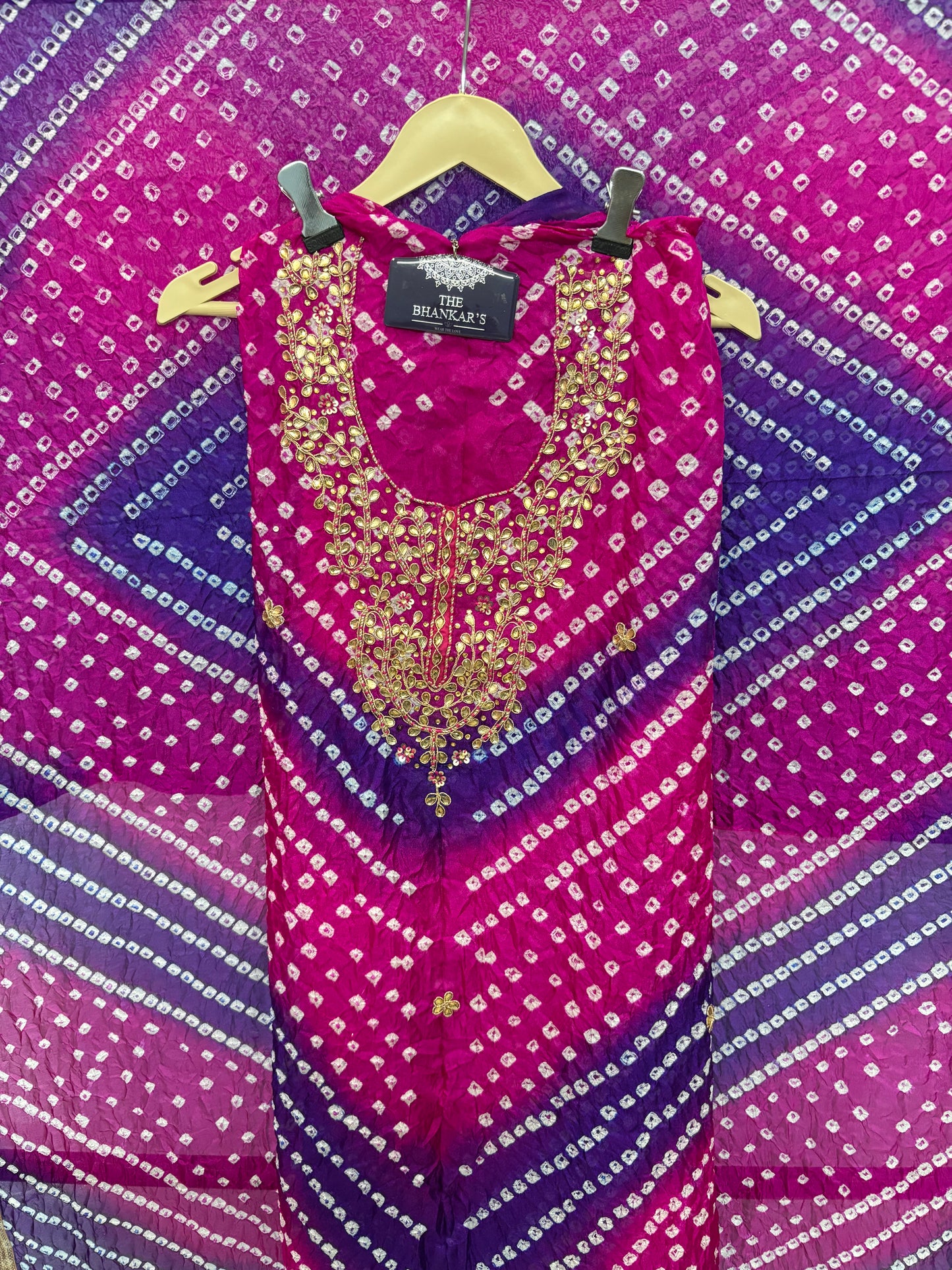 BANDHANI HEAVY SILK FABRIC SUITS WITH BEAUTIFUL HAND GOTAPATTI WORK DUPATTA DOUBLE SHADED