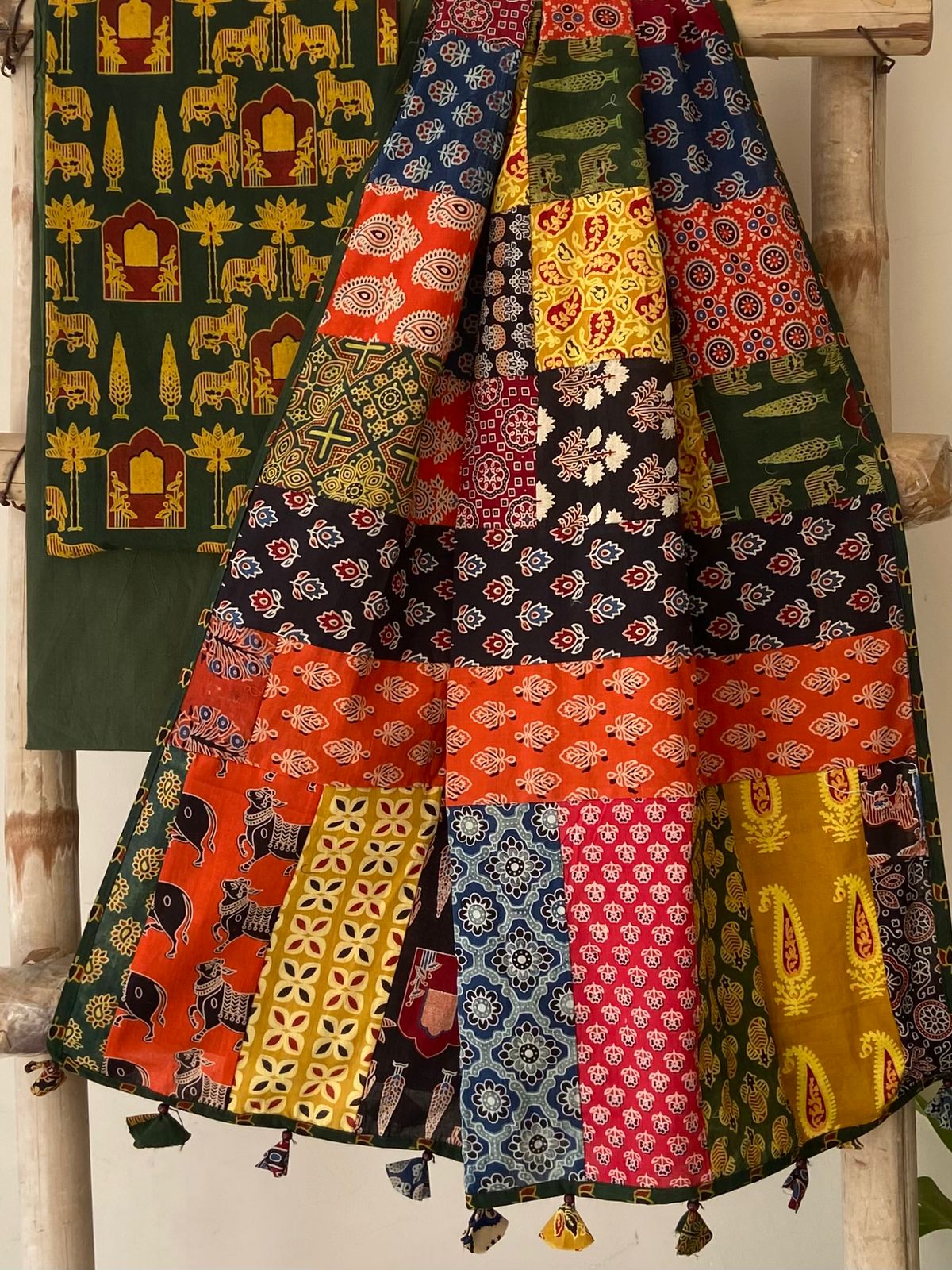 Ajrakh Dupatta suit With hand applique mirror work Ajarakh print Suit pcs with patch work and mirror work dupatta