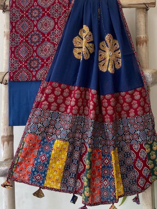 Ajrakh Dupatta suit With hand applique mirror work Ajarakh print Suit pcs with patch work and mirror work dupatta