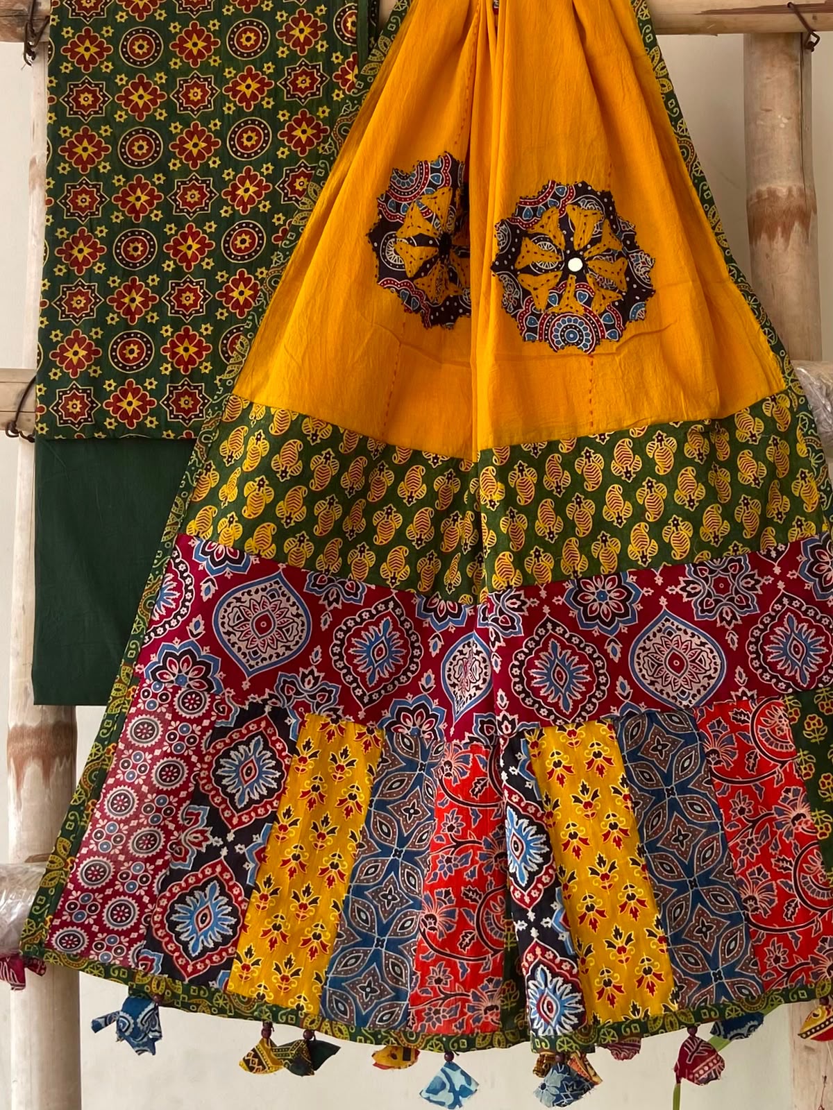 Ajrakh Dupatta suit With hand applique mirror work Ajarakh print Suit pcs with patch work and mirror work dupatta