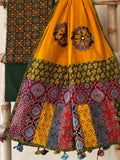 Ajrakh Dupatta suit With hand applique mirror work Ajarakh print Suit pcs with patch work and mirror work dupatta