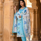 Ice colour Hand Painted Cotton Suit With Hand Painted Chiffon Dupatta