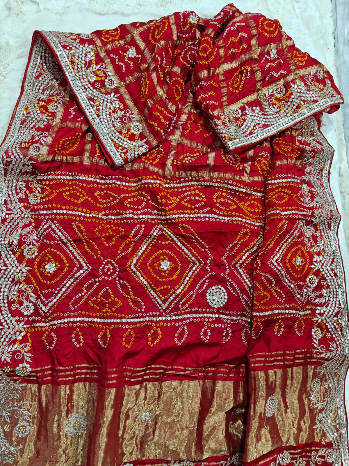 Maroon Red Pure Gaji Silk Bandhani Ghatchola Saree with Heavy Gotapatti Work