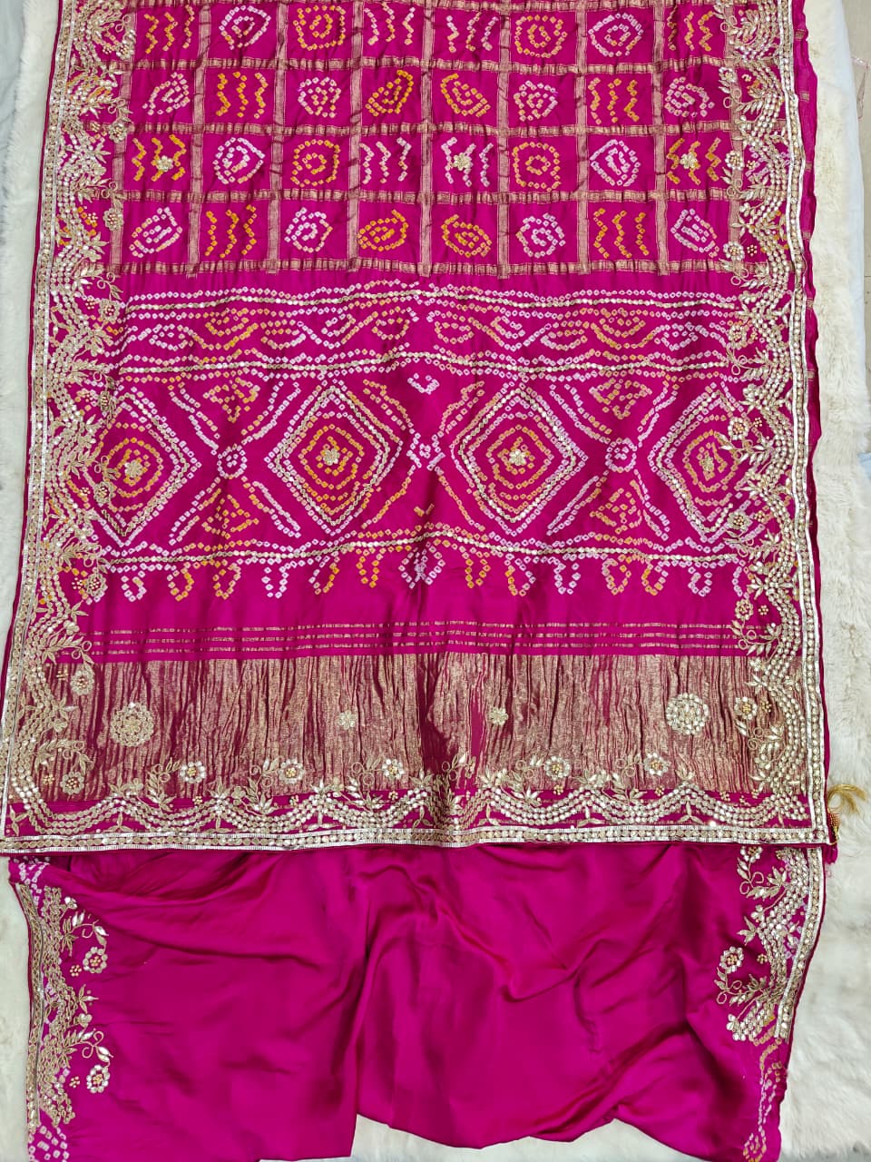 Rani Pink Pure Gaji Silk Bandhani Ghatchola Saree with Heavy Gotapatti Work