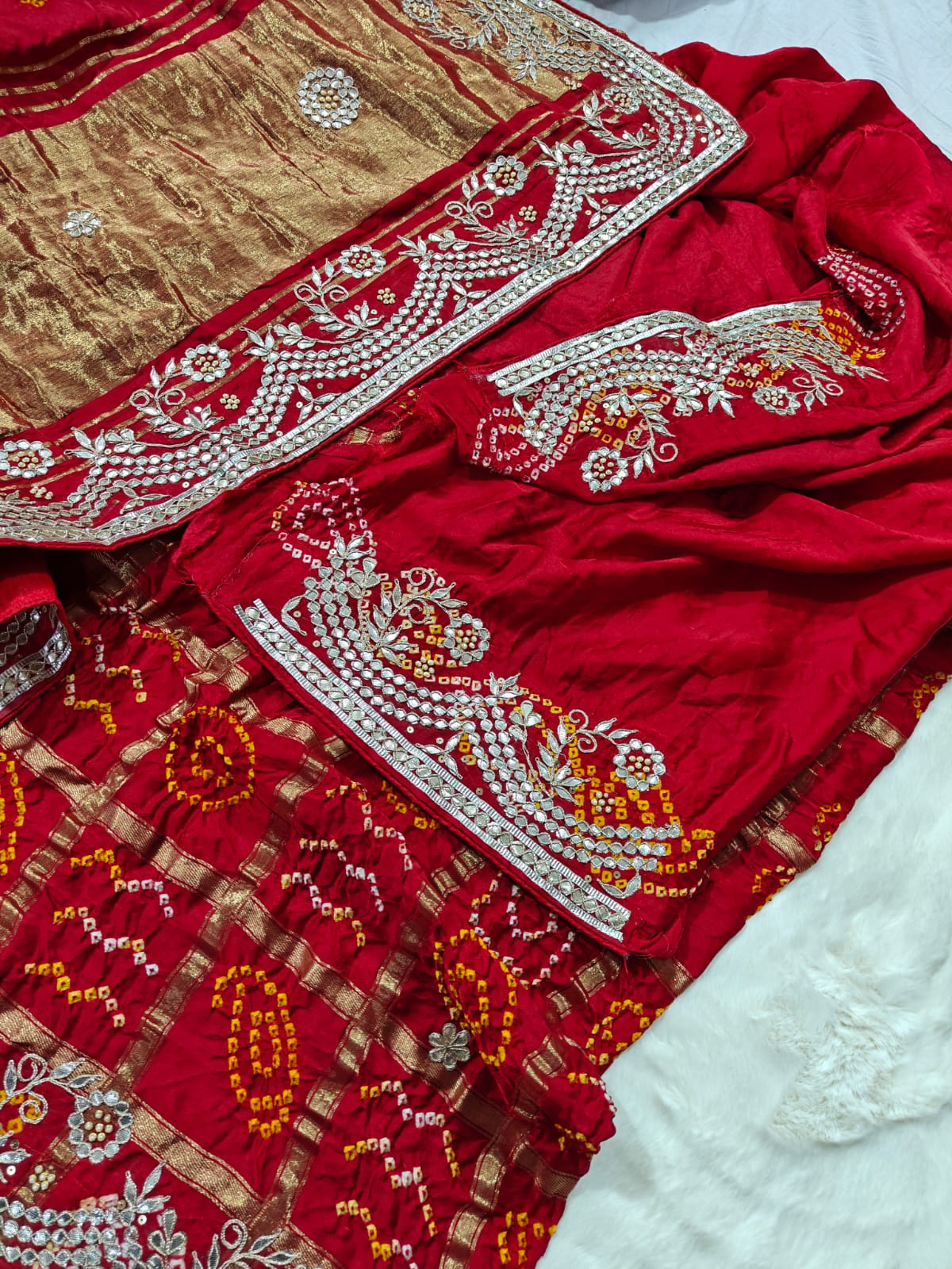 Maroon Red Pure Gaji Silk Bandhani Ghatchola Saree with Heavy Gotapatti Work