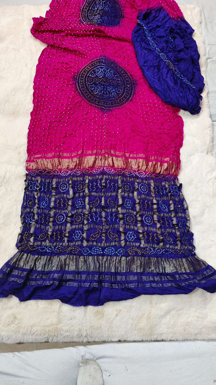 Pink & Royal Blue Pure Gaji Silk Bandhani Ghatchola Saree with Heavy Designer Pallu