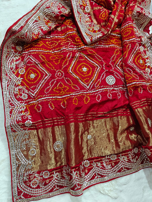 Maroon Red Pure Gaji Silk Bandhani Ghatchola Saree with Heavy Gotapatti Work