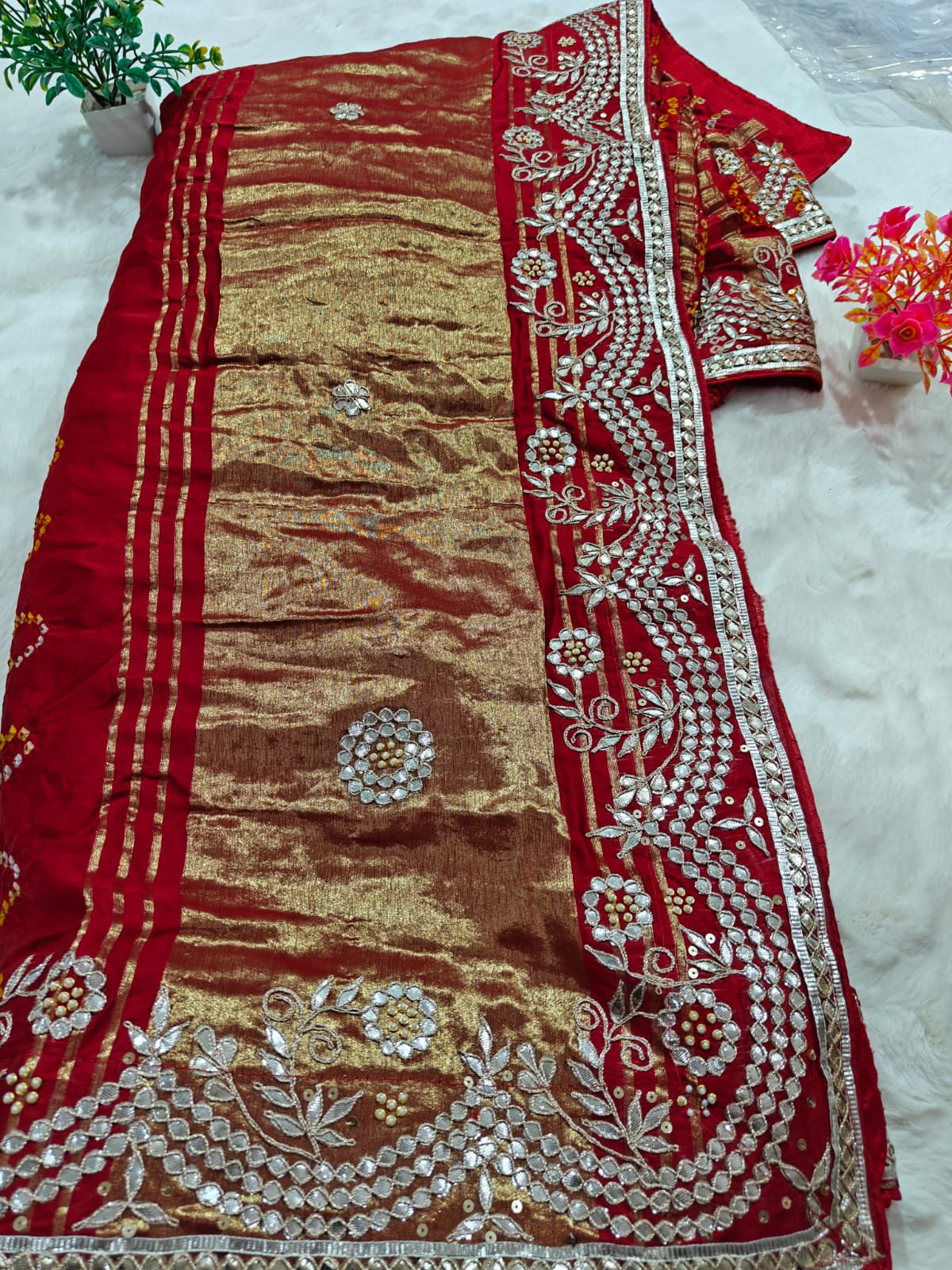 Maroon Red Pure Gaji Silk Bandhani Ghatchola Saree with Heavy Gotapatti Work