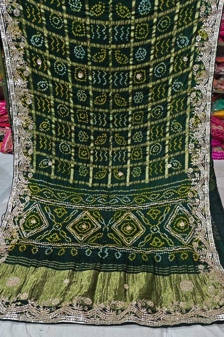 Bottle Green Pure Gaji Silk Bandhani Ghatchola Saree with Heavy Gotapatti Work