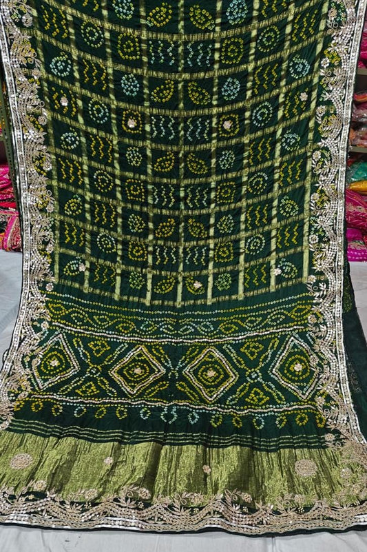 Bottle Green Pure Gaji Silk Bandhani Ghatchola Saree with Heavy Gotapatti Work