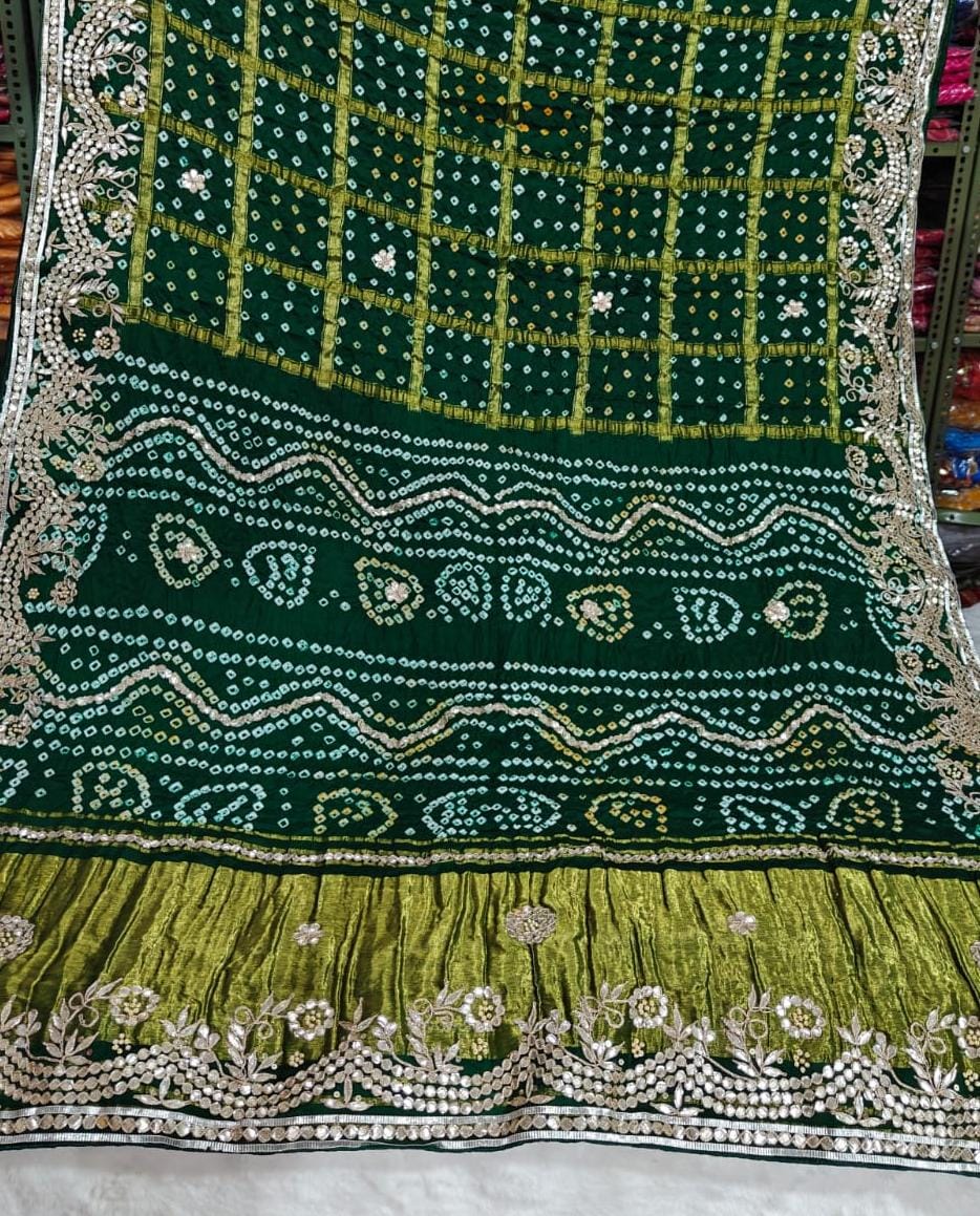 Bottle Green Pure Gaji Silk Bandhani Ghatchola Saree with Heavy Gotapatti Work