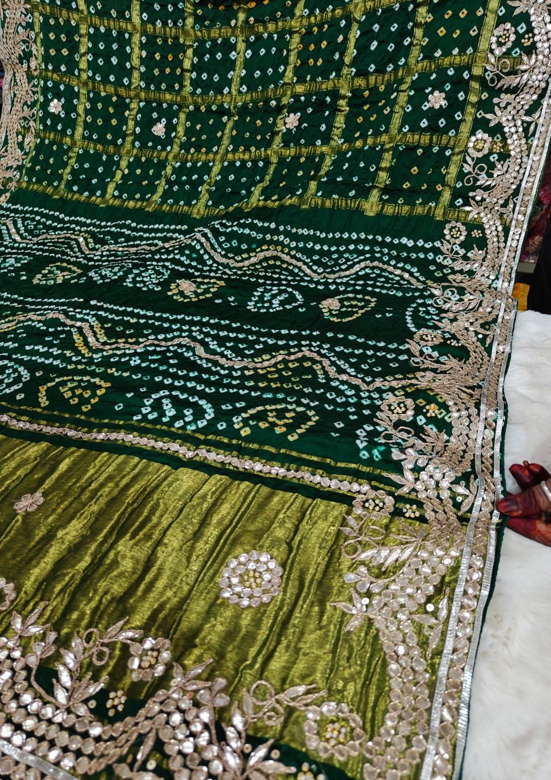 Bottle Green Pure Gaji Silk Bandhani Ghatchola Saree with Heavy Gotapatti Work