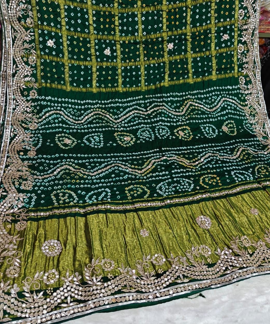 Bottle Green Pure Gaji Silk Bandhani Ghatchola Saree with Heavy Gotapatti Work