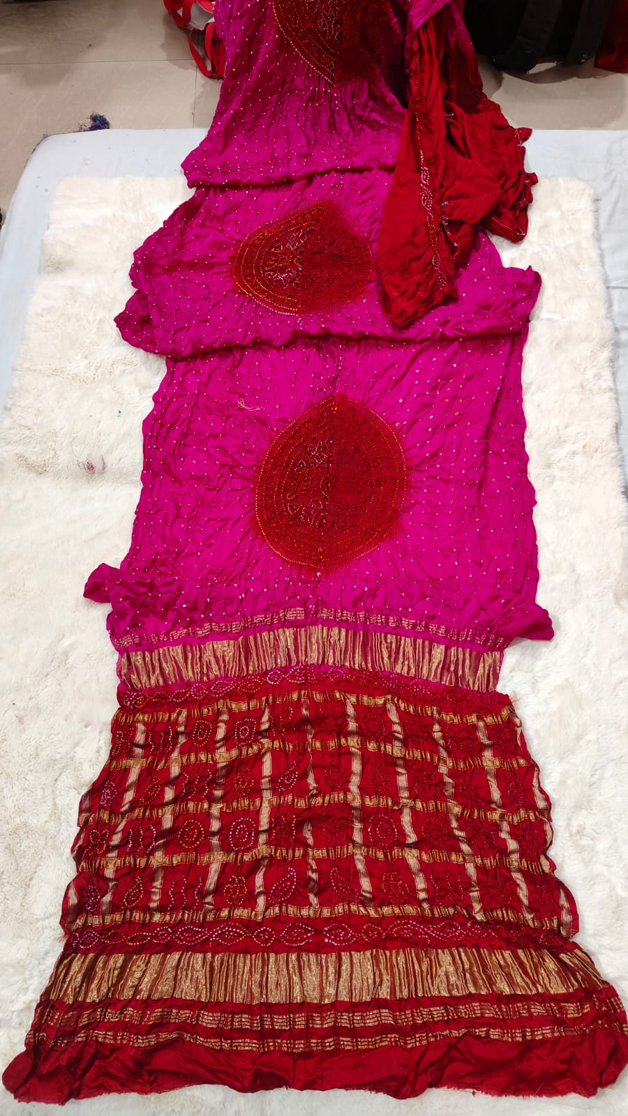 Pink & Red Pure Gaji Silk Bandhani Ghatchola Saree with Heavy Pallu