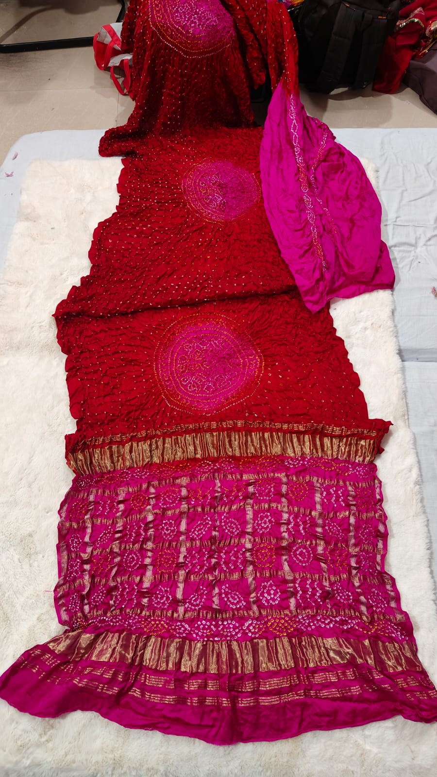 Pink & Red Pure Gaji Silk Bandhani Ghatchola Saree with Heavy Pallu