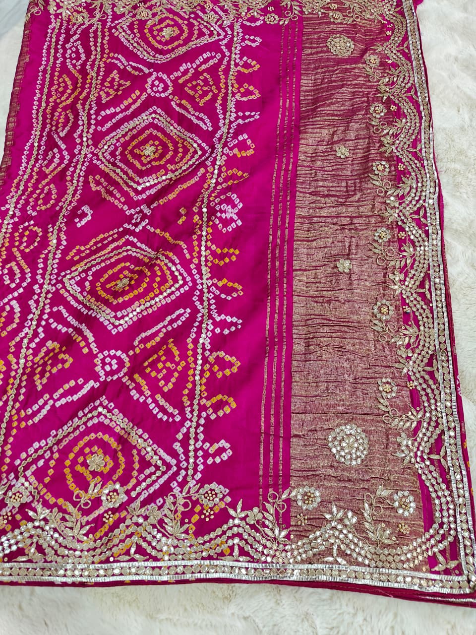 Rani Pink Pure Gaji Silk Bandhani Ghatchola Saree with Heavy Gotapatti Work