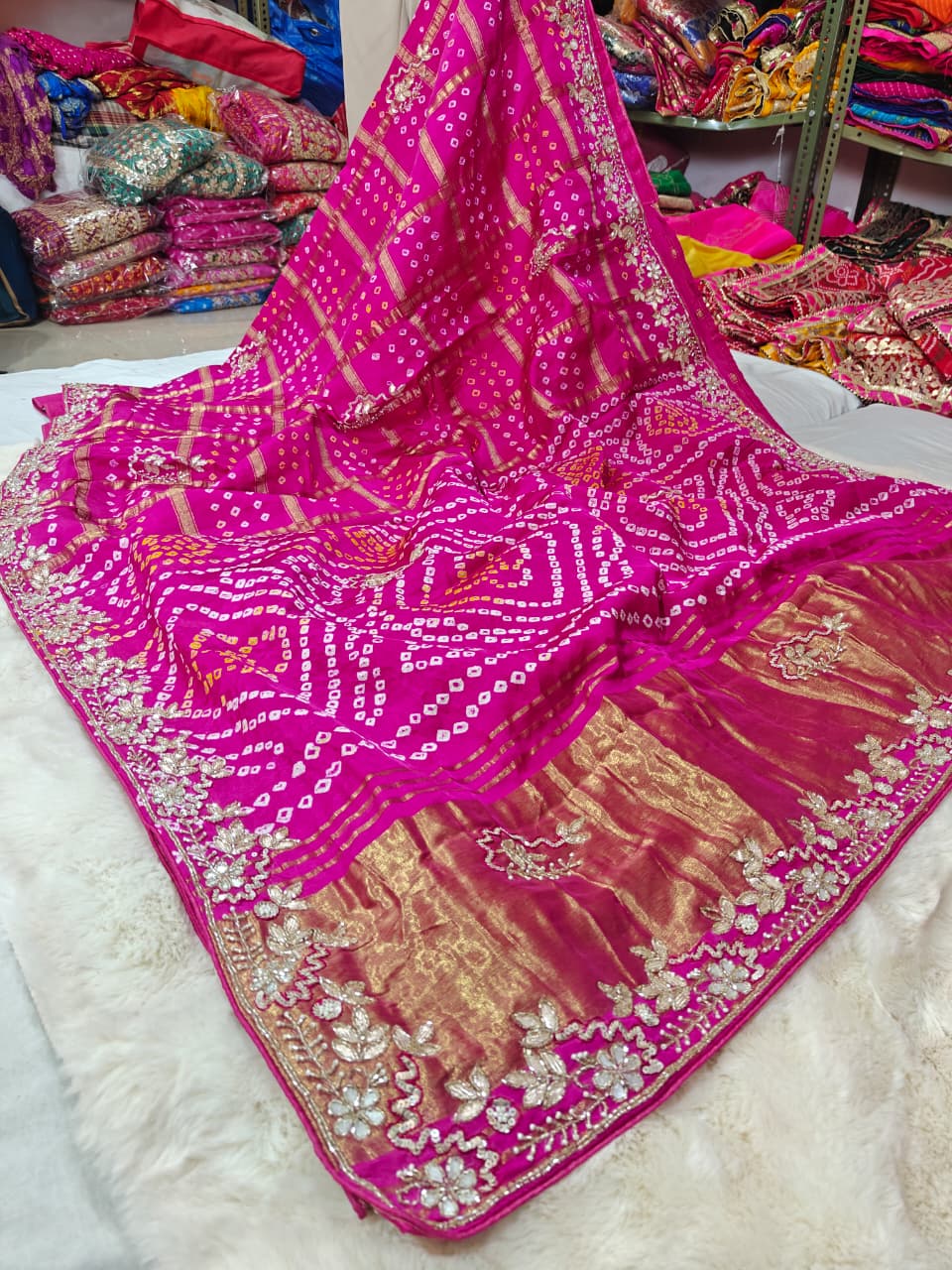 Rani Pink Pure Gaji Silk Bandhani Ghatchola Saree with Heavy Gotapatti Work