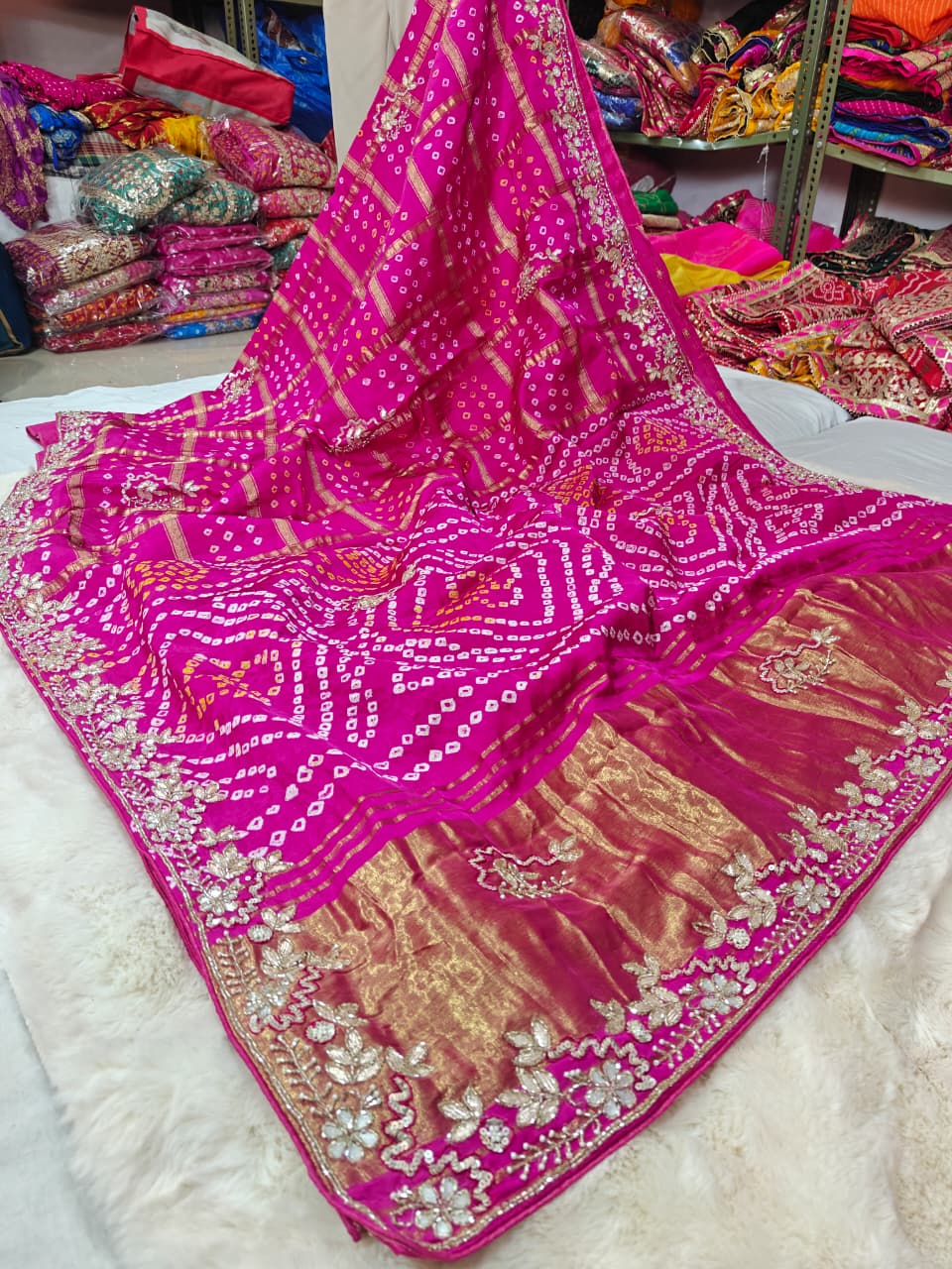 Rani Pink Pure Gaji Silk Bandhani Ghatchola Saree with Heavy Gotapatti Work