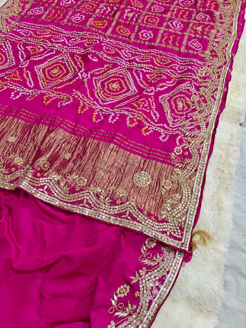 Rani Pink Pure Gaji Silk Bandhani Ghatchola Saree with Heavy Gotapatti Work
