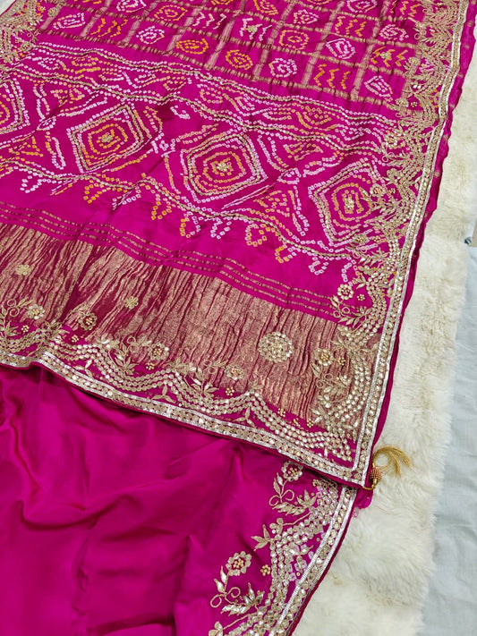 Rani Pink Pure Gaji Silk Bandhani Ghatchola Saree with Heavy Gotapatti Work