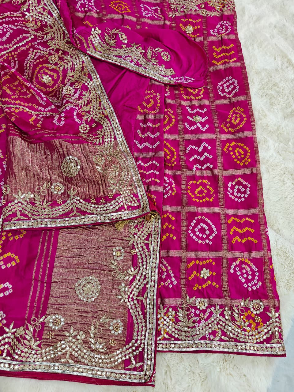 Rani Pink Pure Gaji Silk Bandhani Ghatchola Saree with Heavy Gotapatti Work