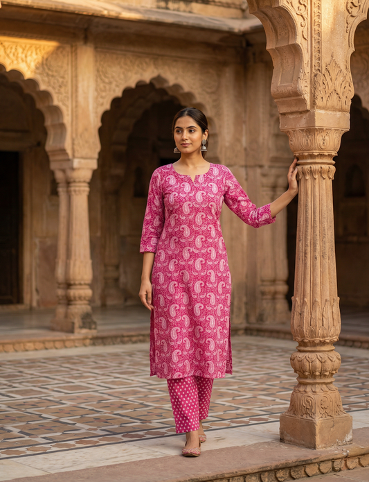 Pink colour Paisley Print Top and Bottom Cotton Combo Set