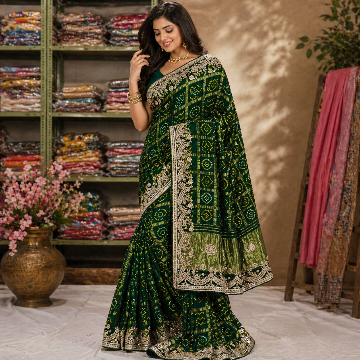 Bottle Green Pure Gaji Silk Bandhani Ghatchola Saree with Heavy Gotapatti Work