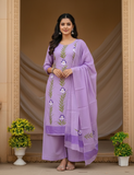 Purple Colour Hand Painted Cotton Suit With Hand Painted Chiffon Dupatta