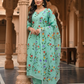 Sea Blue Hand Painted Cotton Suit With Hand Painted Chiffon Dupatta