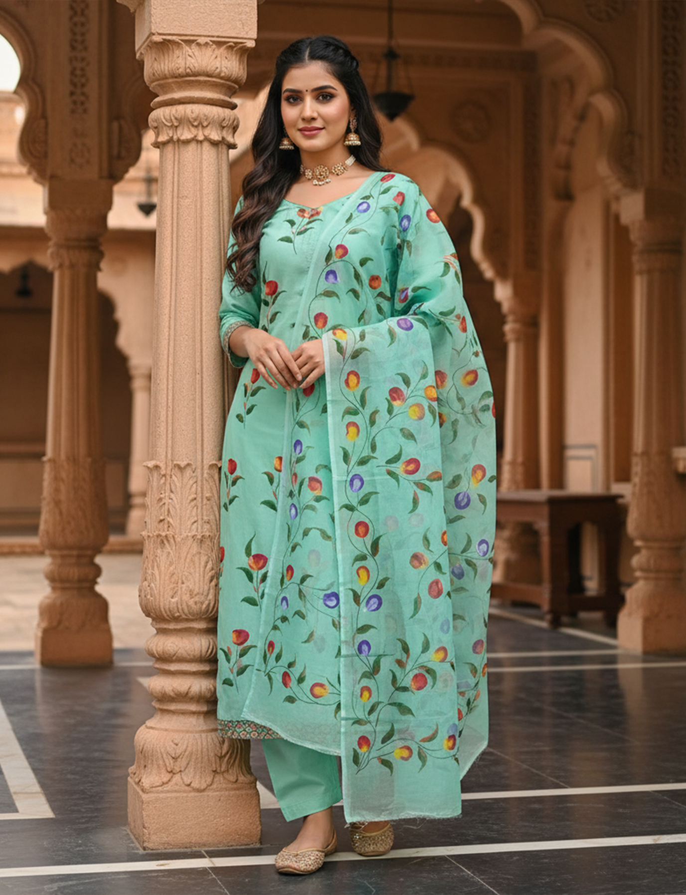 Sea Blue Hand Painted Cotton Suit With Hand Painted Chiffon Dupatta