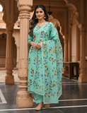 Sea Blue Hand Painted Cotton Suit With Hand Painted Chiffon Dupatta