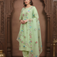 Sea Green  Hand Painted Cotton Suit With Hand Painted Chiffon Dupatta