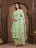 Sea Green  Hand Painted Cotton Suit With Hand Painted Chiffon Dupatta
