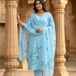Sky Blue Hand Painted Cotton Suit With Hand Painted Chiffon Dupatta