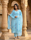 Sky Blue Hand Painted Cotton Suit With Hand Painted Chiffon Dupatta