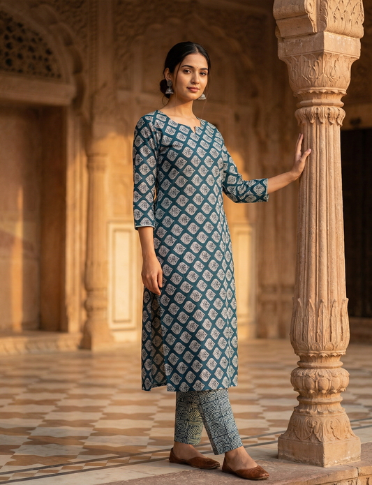 Teal Colour Floral Print Top and Bottom Cotton Fabric Combo Set 2.5 Mtr Top and 2.5 mtr Bottom