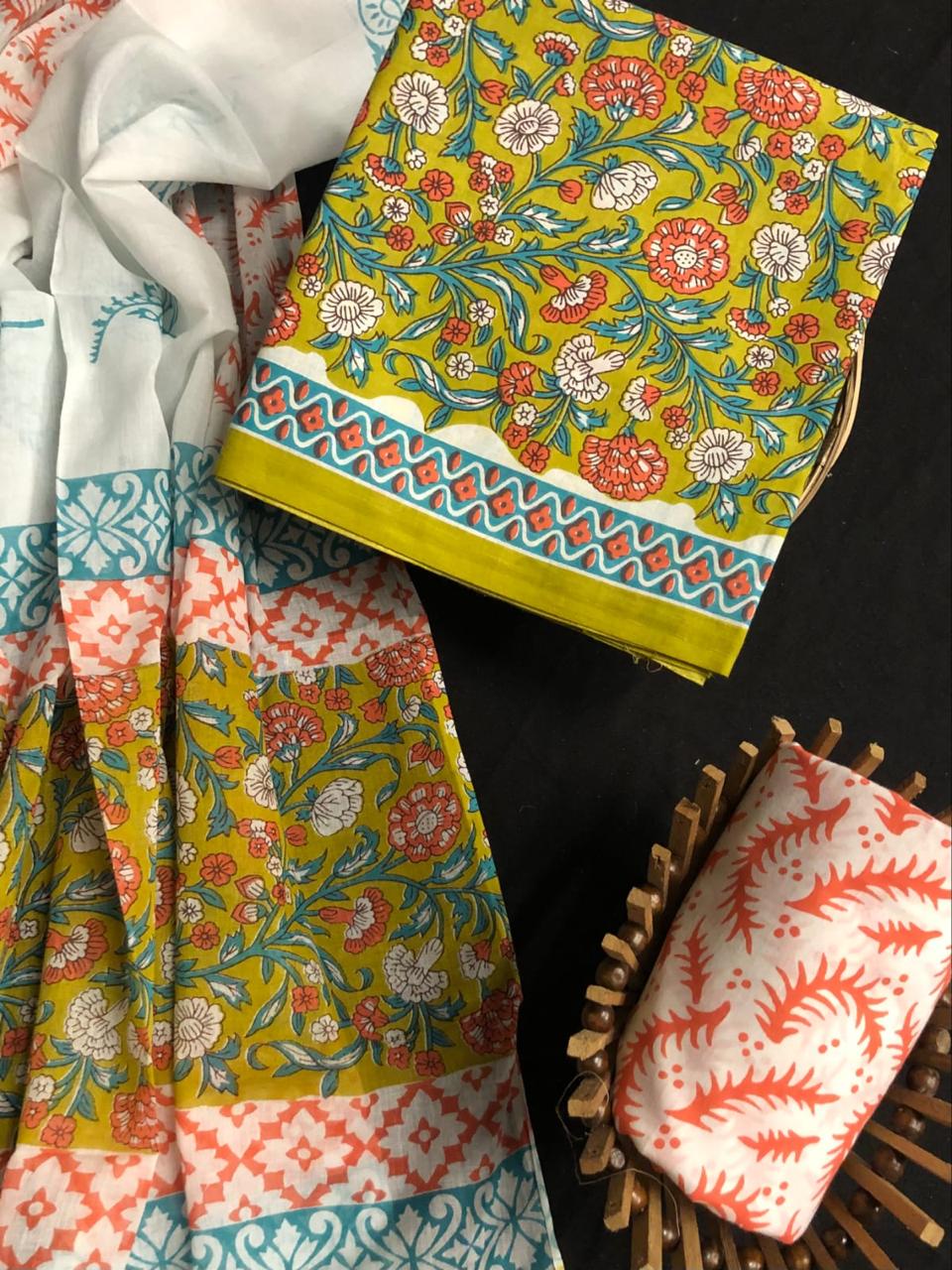 Hand Block Printed Cotton Suit With Mulmul Cotton Dupatta