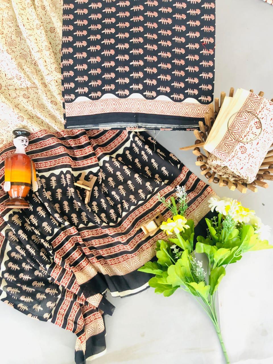 Hand Block Printed Cotton Suit With Mulmul Cotton Dupatta