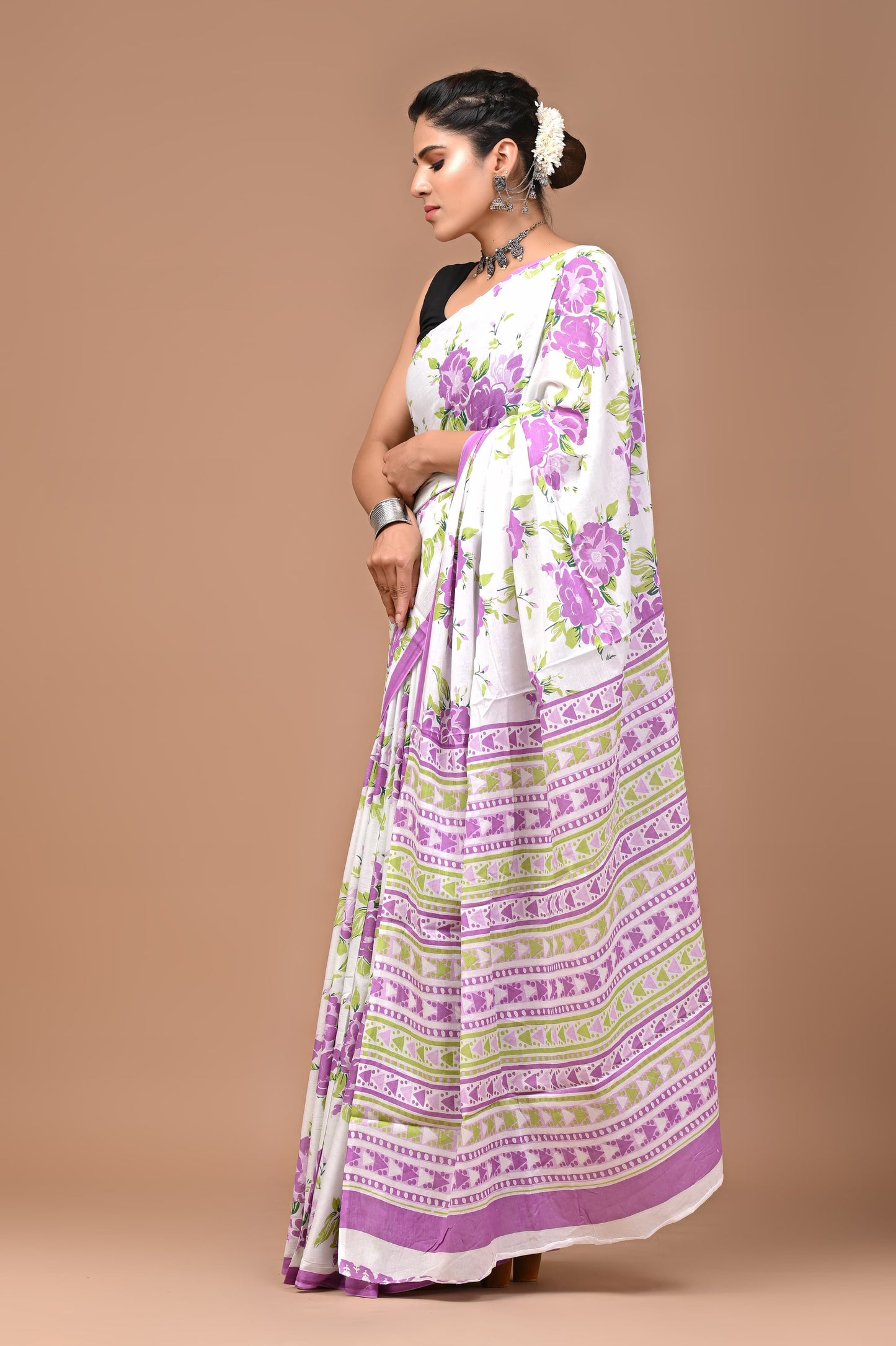 Purple Floral Handblock Printed Cotton Mulmul Saree with Blouse Piece