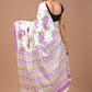 Purple Floral Handblock Printed Cotton Mulmul Saree with Blouse Piece