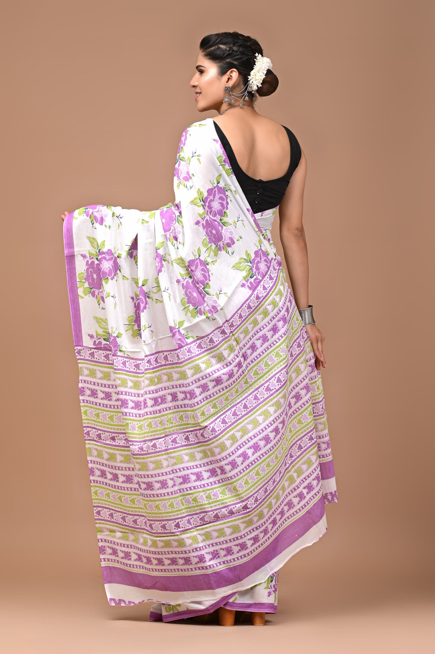 Purple Floral Handblock Printed Cotton Mulmul Saree with Blouse Piece